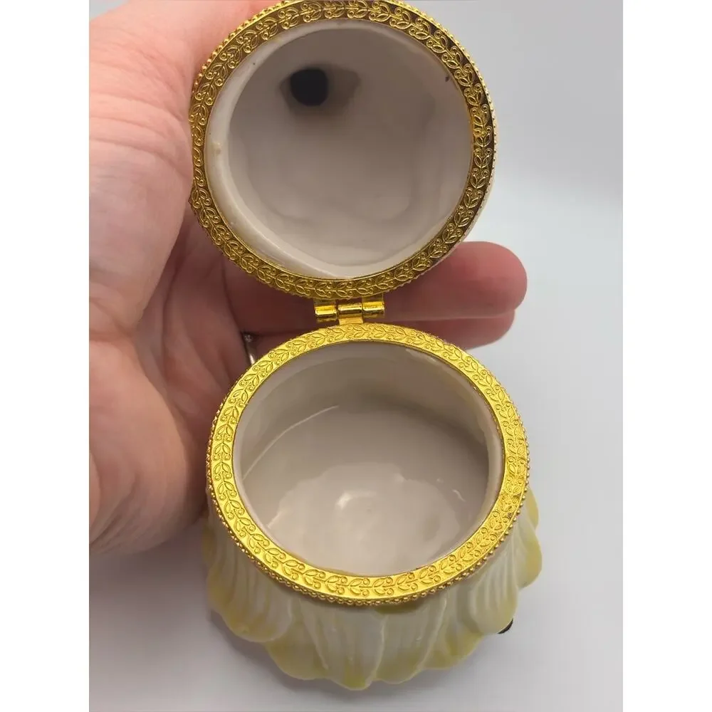 Vintage Porcelain Pixie or Fairy Hinged Trinket Box in Petal-Shaped Dress